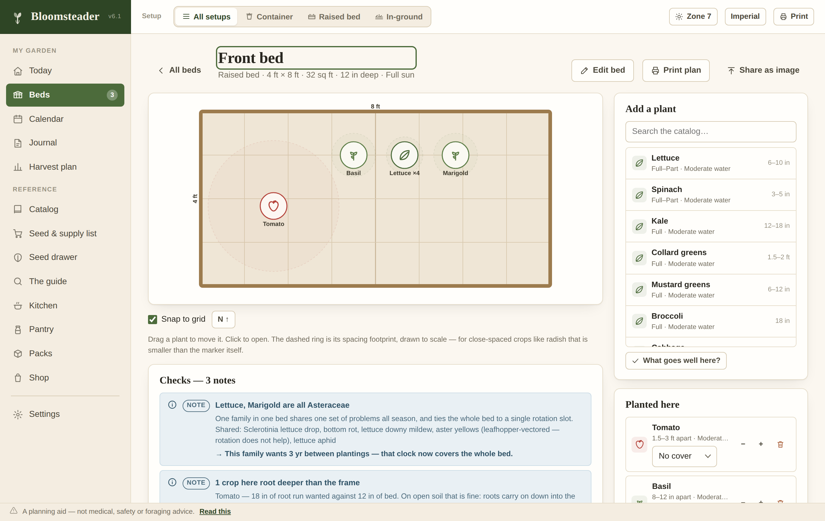 Bloomsteader on a desktop, showing a raised bed plan with tomato, basil, lettuce and marigold placed on a scaled grid, a plant search beside it, and companion-planting notes below.