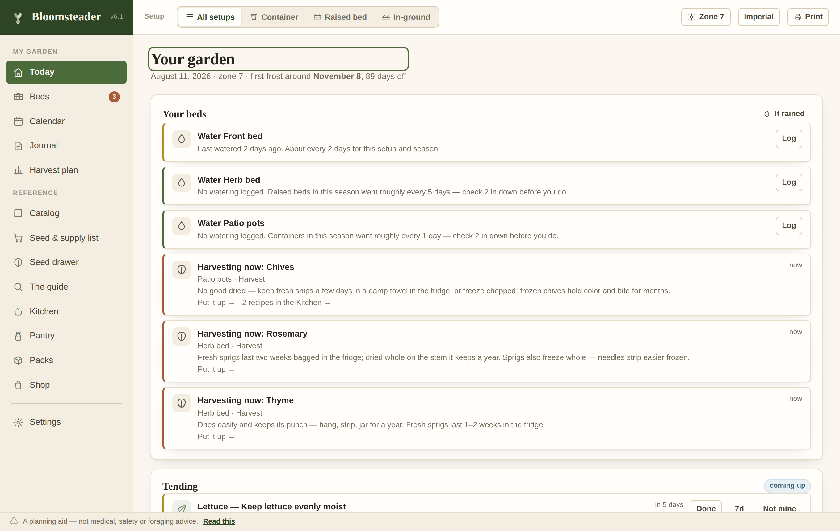 Bloomsteader's Today view on a desktop: dated care tasks and planting windows for the current week.