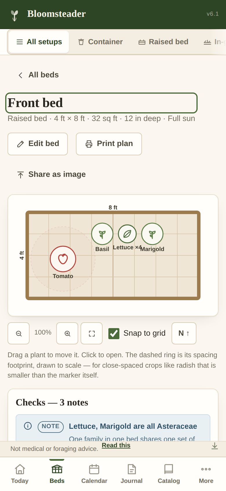 Bloomsteader on a phone: a bed plan with zoom controls beneath it.